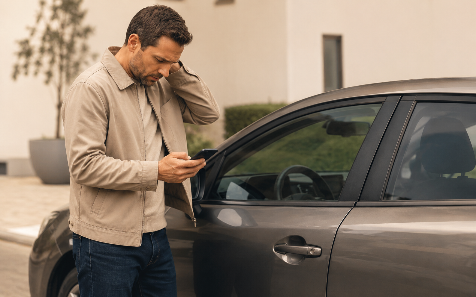 Mann steht mit Smartphone neben einem verschlossenen Auto