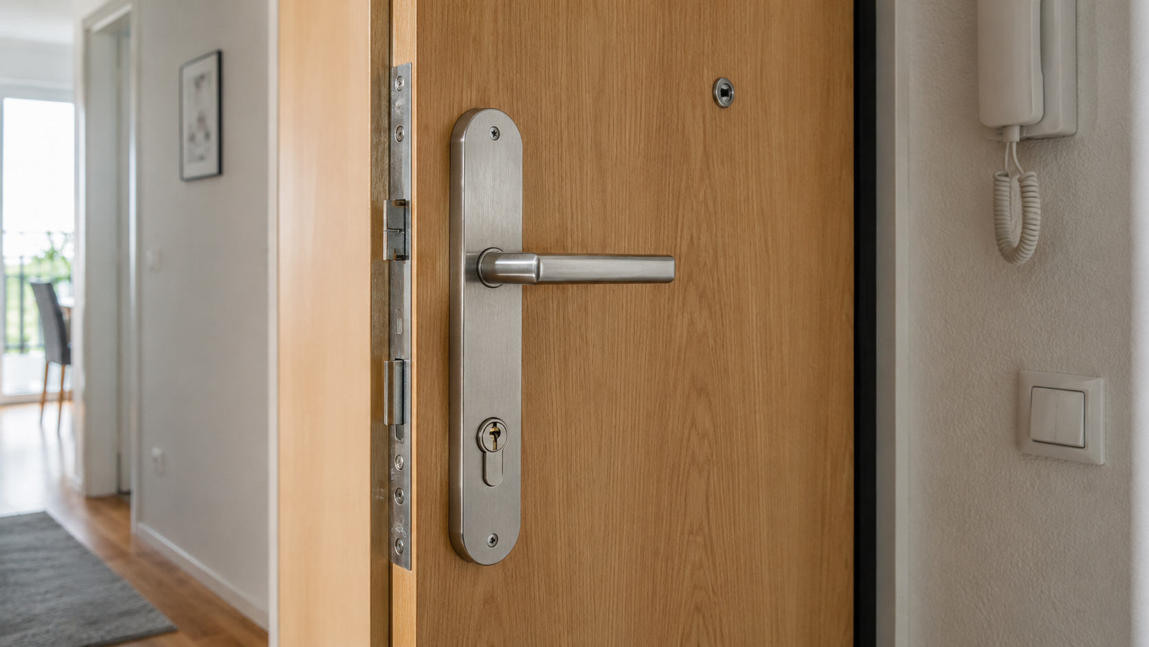Wohnungstür mit Schutzbeschlag, Profilzylinder und Türsicherung