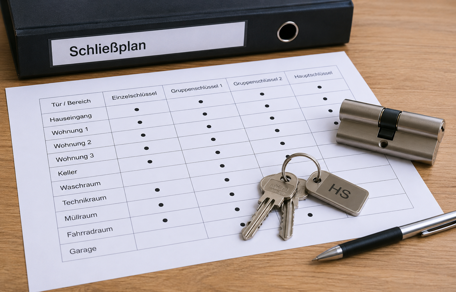 Schließplan mit Schlüsseln und Schließzylinder auf einem Schreibtisch
