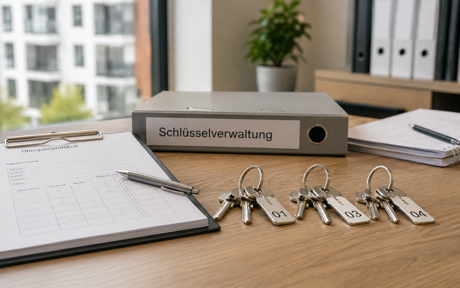 Schlüsselverwaltung mit nummerierten Schlüsseln und Verwaltungsunterlagen