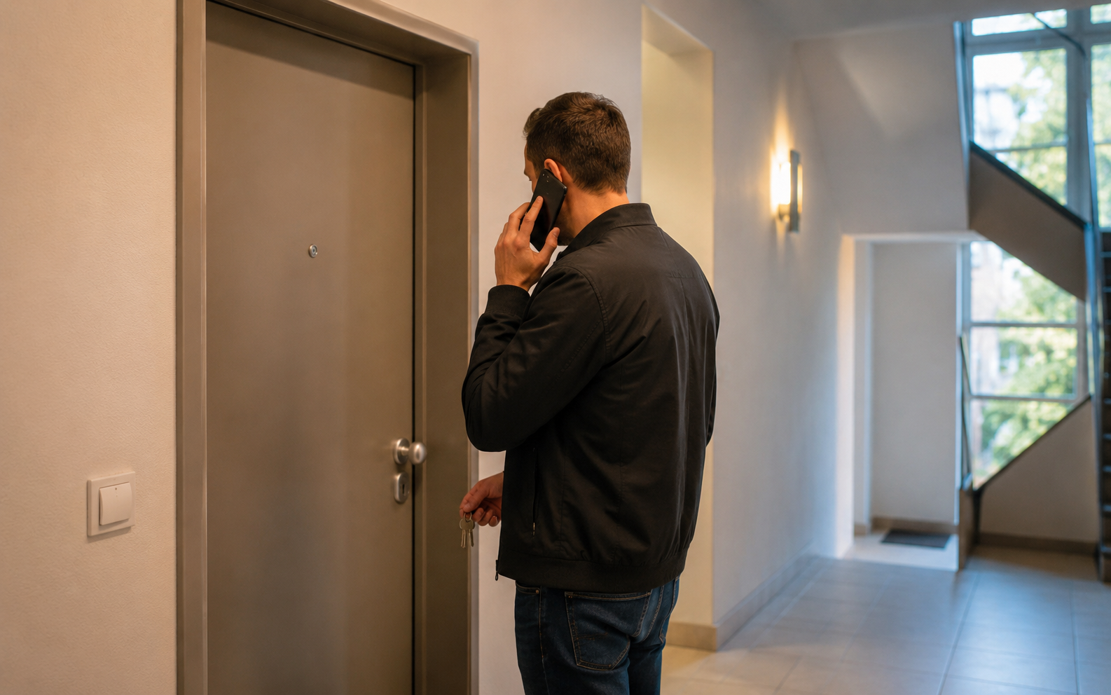 Person steht vor einer Wohnungstür und ruft den Schlüsselnotdienst an