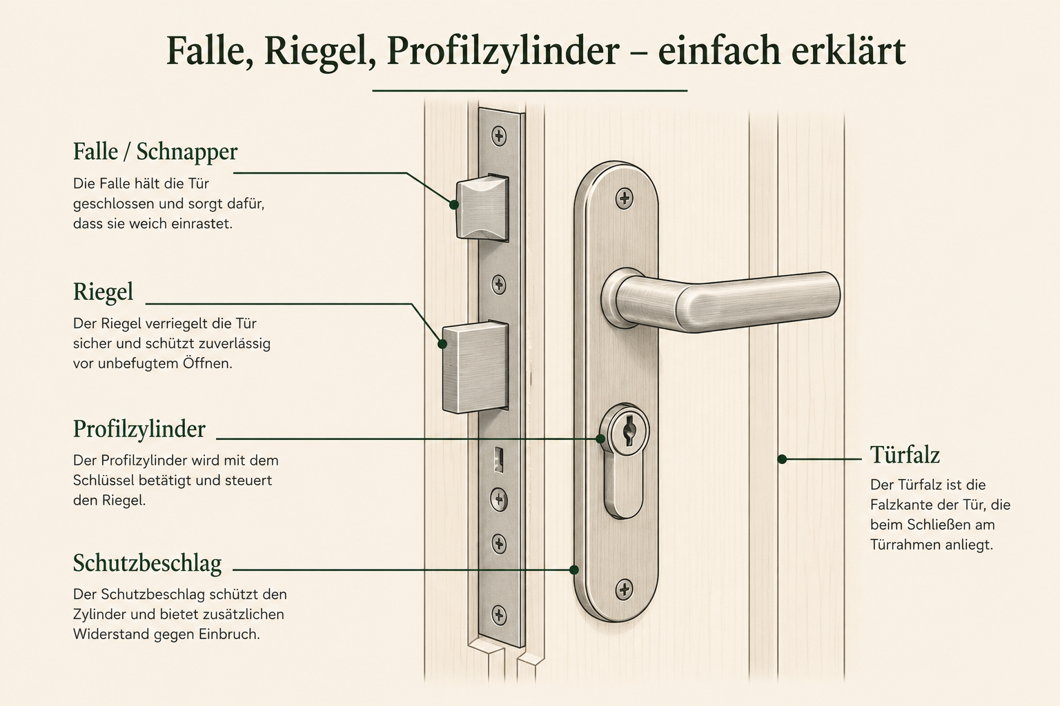 Schematische Darstellung von Falle, Riegel, Profilzylinder, Schutzbeschlag und Türfalz